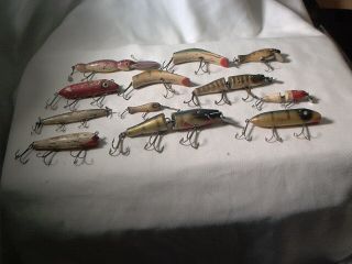 Vintage 12 Old Wooden Fishing Lures Creek Chub Lazy Ike & More