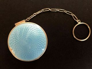 Sterling Silver Guilloche Enamel Compact With Chain & Finger Ring