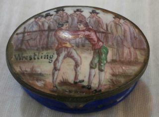 Georgian Period Bilston Enamel Patch Box Entitled Wrestling With Figures To Lid