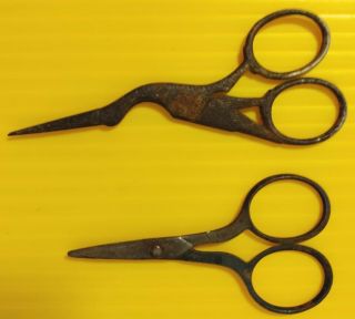 2 Pairs Of Vintage Old Mini Steel Sewing Scissors - 1 Crane/stork Shaped
