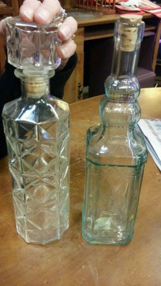2 Vintage Glass Bottles - 1 Blue Tint W/ Cork,  1 Ornate W/ Corked Glass Top