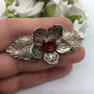 Vintage Jewellery Ruby Crystal Ornate Silver Tone Floral Themed Brooch Pin