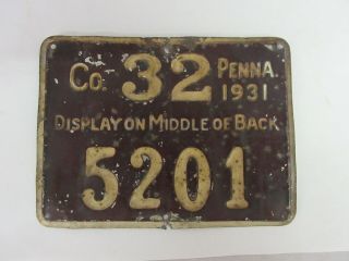 Vintage Penna.  Tin Hunting License 1931 Collectible G - 302
