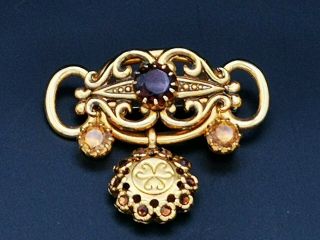 Vintage 1980s French Zoe Coste Art Nouveau Style Gold Tone & Crystal Brooch Pin