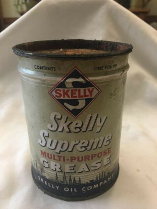Vintage One Pound Skelly Supreme Multi - Purpose Grease Tin Can With Lid.
