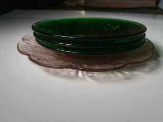 3 Vintage Depression Glass Green Plates One Clear
