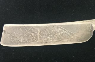 Antique English Straight Razor Etched With Side Wheel Sailing Ship