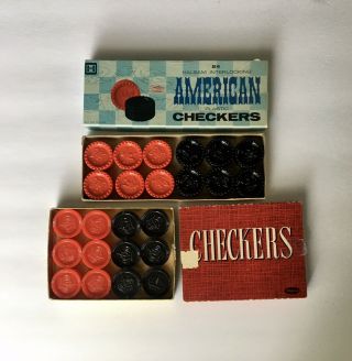 Vintage 60’s Halsam Interlocking Plastic Checkers,  Set Of 24 & Whitman Set Of 23