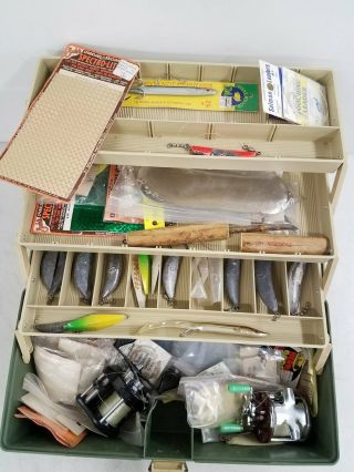 Vintage Plano Tackle Box W/ 2 Reels And Hooks,  Leaders,  Weights,  Lures & More