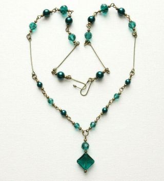 Vintage Czech Glass Art Deco Style Teal Green Wired Bead Necklace