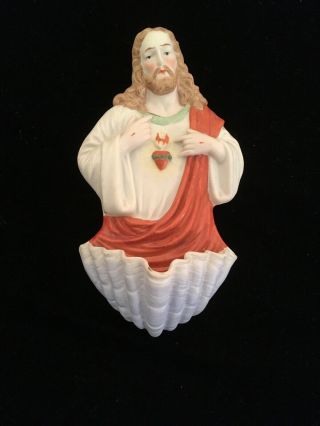 Vintage Porcelain Sacred Heart Jesus Holy Water Wall Pocket Hanging
