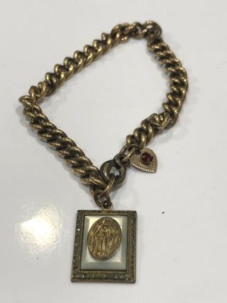 Vintage Gold Filled Charm Bracelet With Virgin Mary Charm,  7 Inches Marcasite