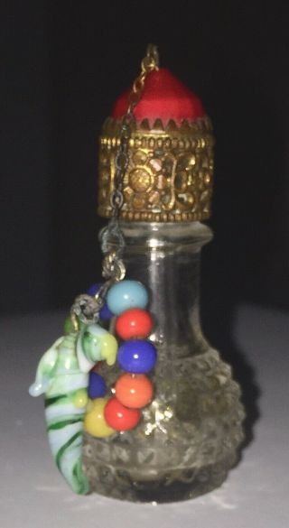 Czech Irice Glass Perfume Bottle W/parrot Macaw In Hoop Dangle Scarce Style