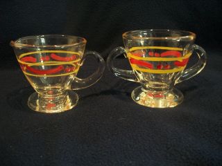 Vintage Clear Glass Hand Painted Sugar Bowl And Creamer Set Cherries
