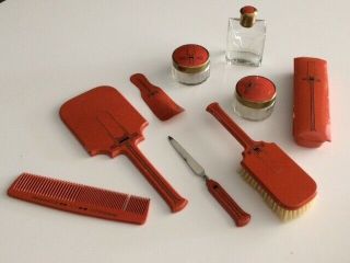 30s Vintage Art Deco 10 Piece Vanity Dresser Set Brush,  Comb,  Mirror,  Box,  Jars
