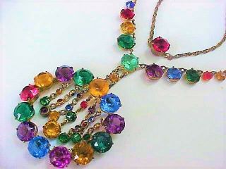 Vintage Czech Art Deco Multicolored Faceted Glass Pendant Necklace