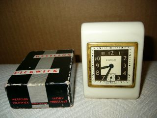 Vintage 1936 Westclox Pickwick Ivory Travel Clock Made In U.  S.  A.  In Orig.  Box