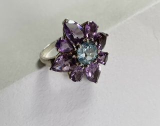 Vintage Sterling Silver Flower Ring,  Set With Amethyst And Blue Topaz