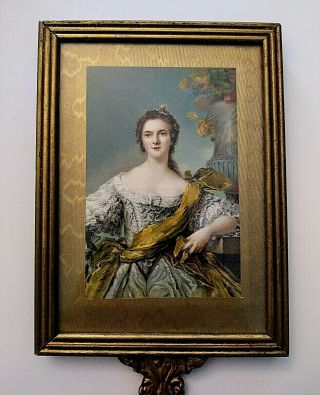 Antique Gold Tone Ornate Hand - Held Vanity Mirror Portrait Of 18th C.  Woman Art