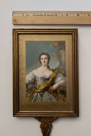 Antique Gold Tone Ornate Hand - Held Vanity Mirror Portrait of 18th C.  Woman Art 3