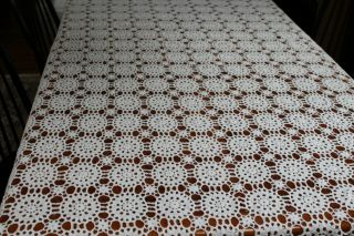 Vintage Huge Perfect Snowy White Hand Crocheted Tablecloth 58x104