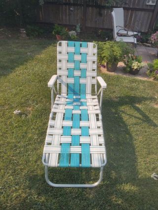Vintage Aluminum Webbed Folding Beach Lawn Chair Chaise Lounge Green White