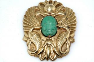 Deco Vtg Egyptian Revival Molded Glass Scarab Brass Bronze Pin Brooch