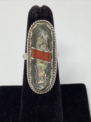 Vtg Native American Joy Sterling Silver Abalone & Coral Ring Size 5 (9g)