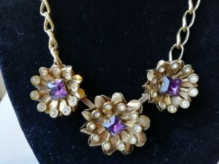 Vintage Jewellery Goldtone And Purple Glass Necklace.  17 And A Half Inches Long