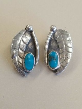 Vintage Southwestern Old Pawn Sterling Silver Turquoise Leaf Clip On Earrings.