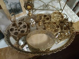 Vintage Ormolu Filigree Gold Vanity Dresser Set 10pc Set