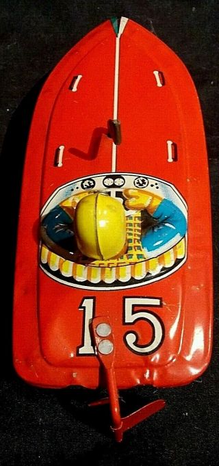 Tin Wind Up Speed Boat " 15 " Toy 6 " Vintage Red Yellow Racer Cond.  Rare