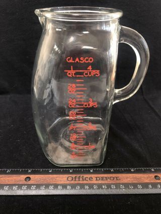 Vintage Glasco Pot Belly Measuring Pitcher 1 Quart/ 4cups With Red Letters Usa