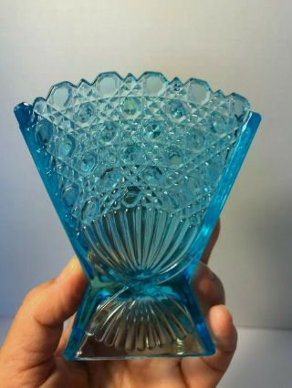 Vintage Aqua Blue Glass Daisy & Button Fan Vase Toothpick Holder