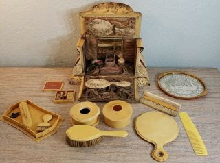 Victorian French Ivory Celluloid Dresser Vanity Set W/ Brush,  Mirror,  Comb,  Etc.