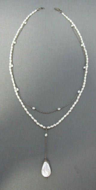 Vintage Sterling Double Strand Freshwater Pearl Mother Of Pearl Drop Necklace