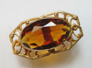 Antique Hatpin Large Oval Topaz Glass Openwork Brass 2