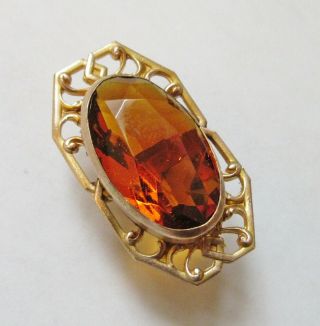 Antique Hatpin Large Oval Topaz Glass Openwork Brass 3