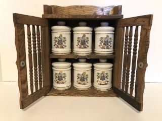 Vintage Dom Japan Six Ceramic Medicine Jars With Wooden Medicine Cabinet