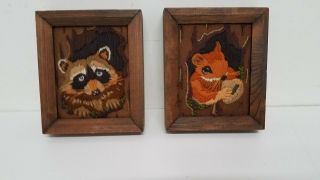 Vintage Crewel Work Racoon & Squirrel Framed Pictures