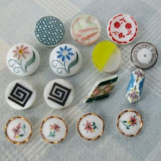 Assortment Of 15 Vintage White Glass Buttons W Paint