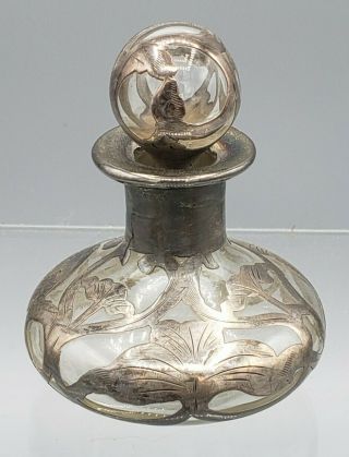 Antique Art Nouveau Sterling Silver Overlay Glass Perfume Bottle Floral Flowers