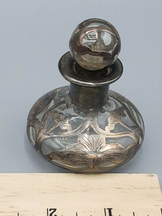 Antique Art Nouveau Sterling Silver Overlay Glass Perfume Bottle Floral Flowers 2