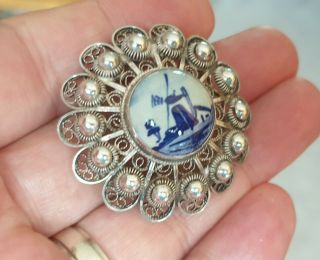 Edwardian Vintage Delftware Jewellery Lovely Ceramic Solid Silver Brooch Pin