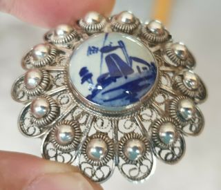 EDWARDIAN VINTAGE DELFTWARE JEWELLERY LOVELY CERAMIC SOLID SILVER BROOCH PIN 3