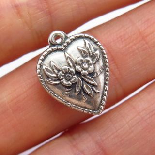 Antique Victorian 925 Sterling Silver Repousse Floral Puffy Heart Charm Pendant