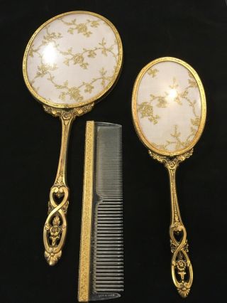 Brass Filigree Ormolu Dresser Vanity Set / Hand Mirror,  Brush,  Comb (globe)