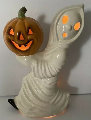 Vintage Ceramic Painted Lighted Ghost & Jack O Lantern Halloween Figure