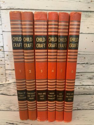 Vintage 1949 Child Craft Books Vol 1 - 6 Orange Hard Cover Mid Century Modern Set