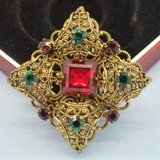 Vintage Brooch Czech 1960s Red & Green Crystal Goldtone Bridal Jewellery